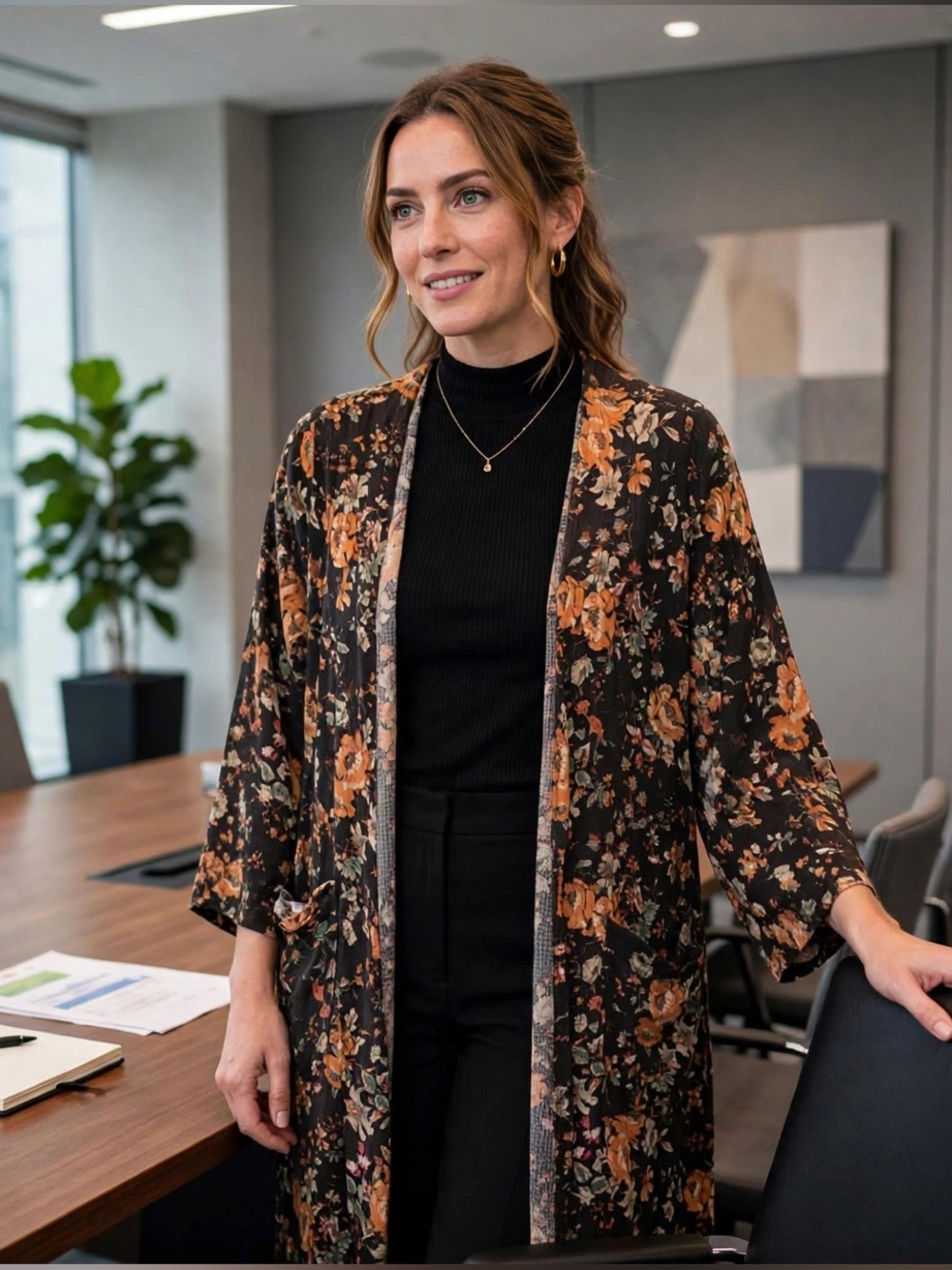 LuLaRoe Black Kimono with Orange Floral Pattern